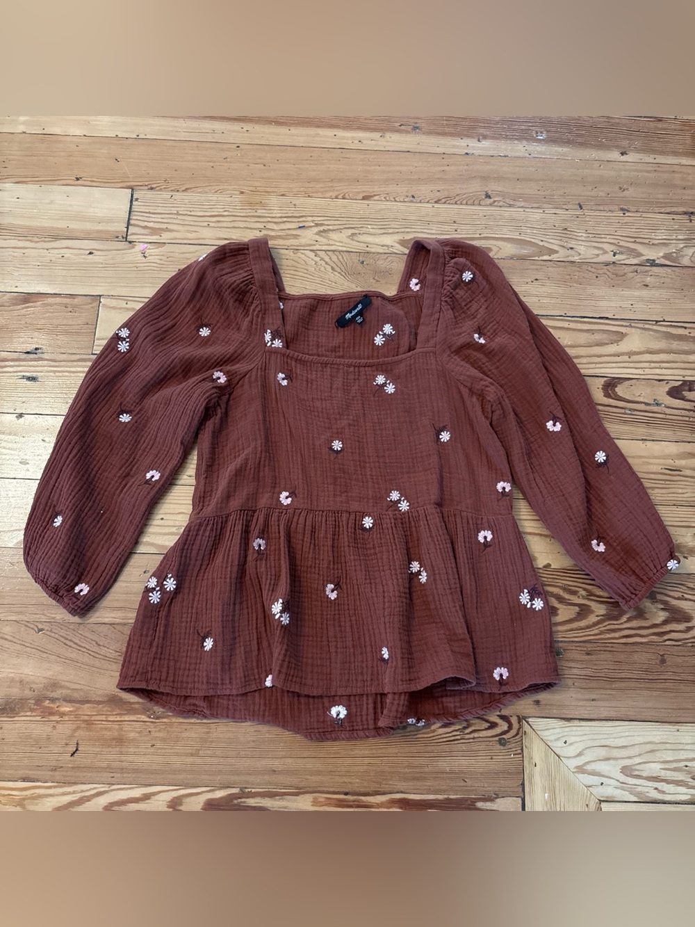 Madewell Top XXS Amie Floral Embroidered Millbrook Puff-Sleeve Peplum NB579